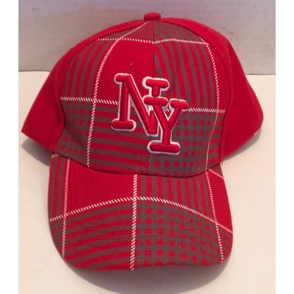 NY Wool Acrylic Red PLAID Baseball Cap VELCRO main image 5